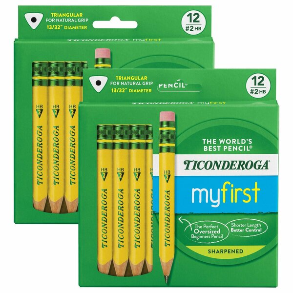 Ticonderoga My First Short Wooden Pencils, Yellow Large Triangle Barrel With Eraser, 24PK X33012